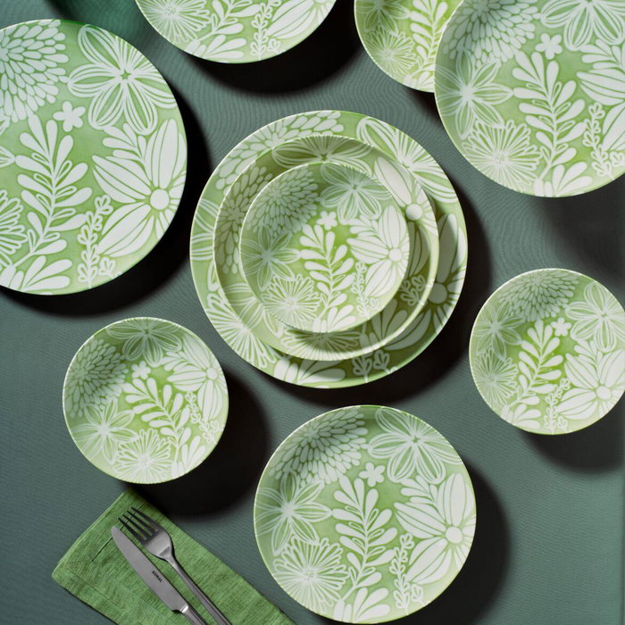 Hermia GBSATN18KY1R41864 Juego de Cena de Porcelana 18 Piezas Verde Pistacho y Blanco Apto Lavavajillas Microondas Servicio para 6 Personas